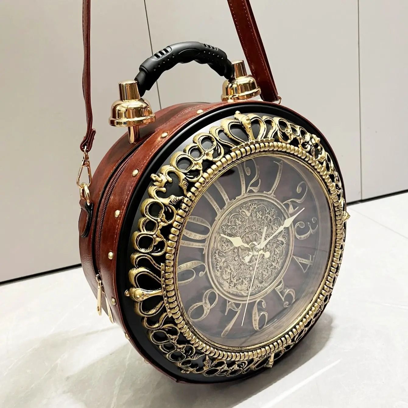 Luxury Designer Clock Shaped PU Leather Shoulder Bag for Women