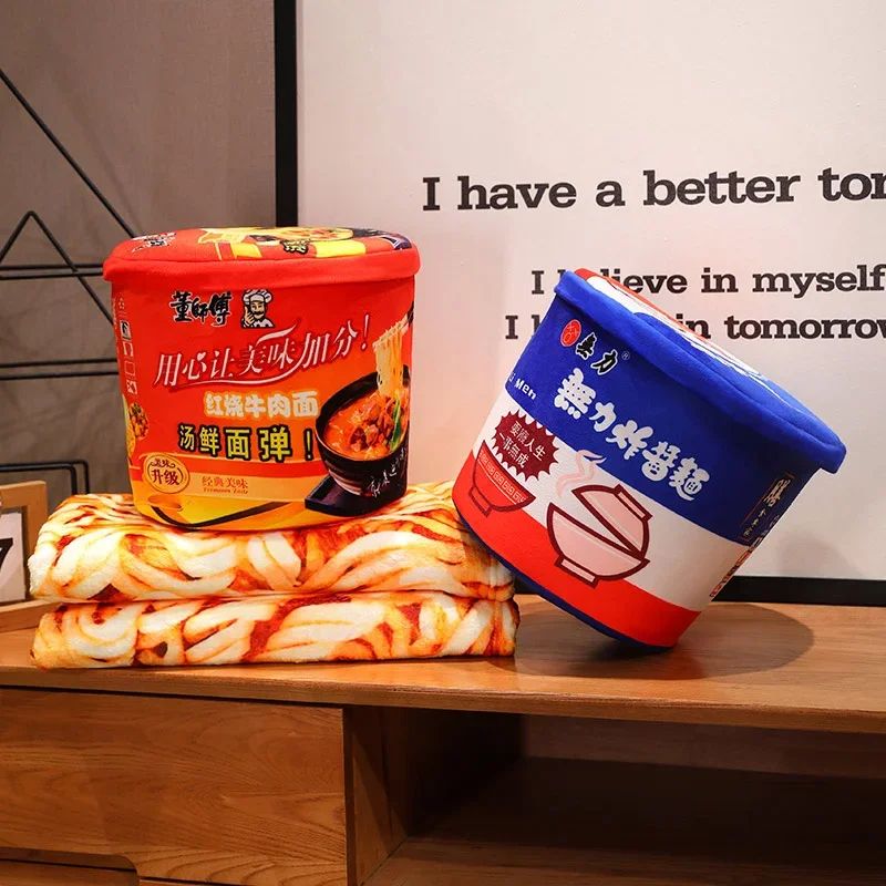 Bucket Instant Noodles Plush Pillow with Hidden Blanket – Ramen Stuffed Cushion Gift