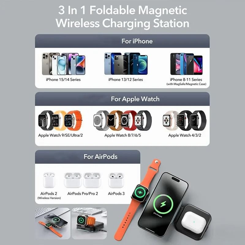 Metal 3-in-1 Foldable Magnetic Wireless Charging Station