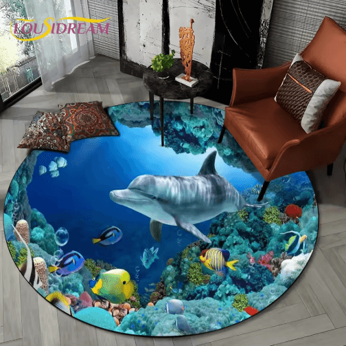 3D Ocean Dolphin Area Rug – Non-Slip Underwater Illusion Round Carpet