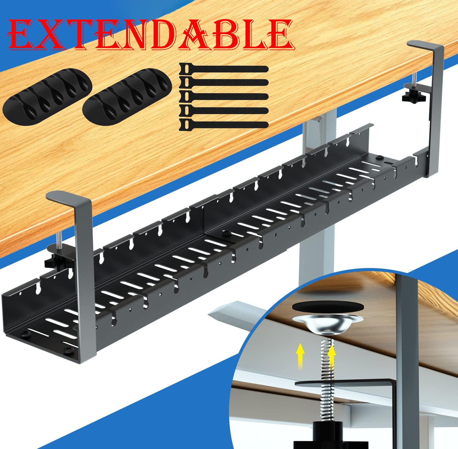 No Drilling Extendable Under Desk Cable Management Metal Tray Multipurpose Space Saving Organizer Shelf