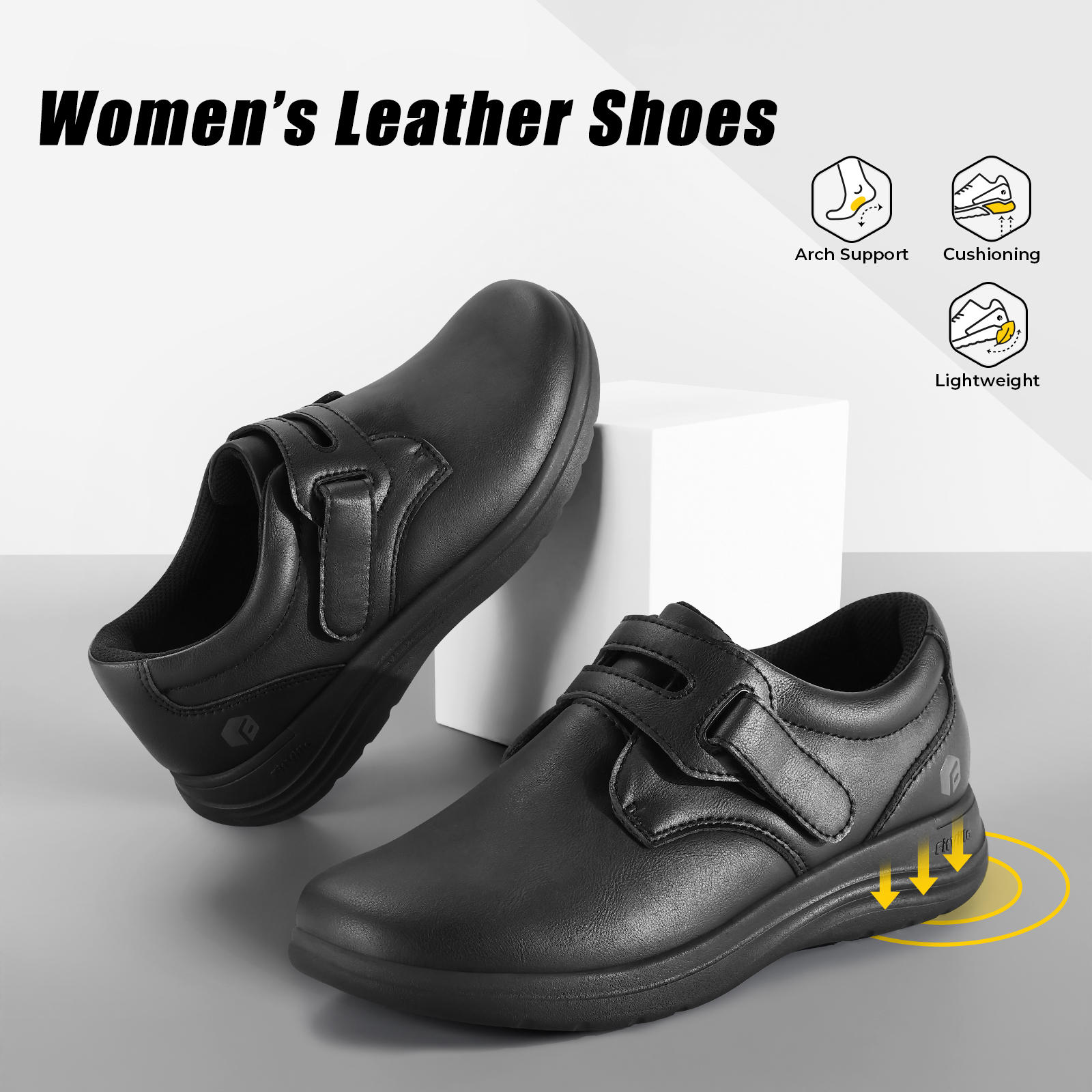 Extra Wide Women's Leather Shoes Slip-On Walking Shoes for Diabetic Feet with Arch Support and Comfort