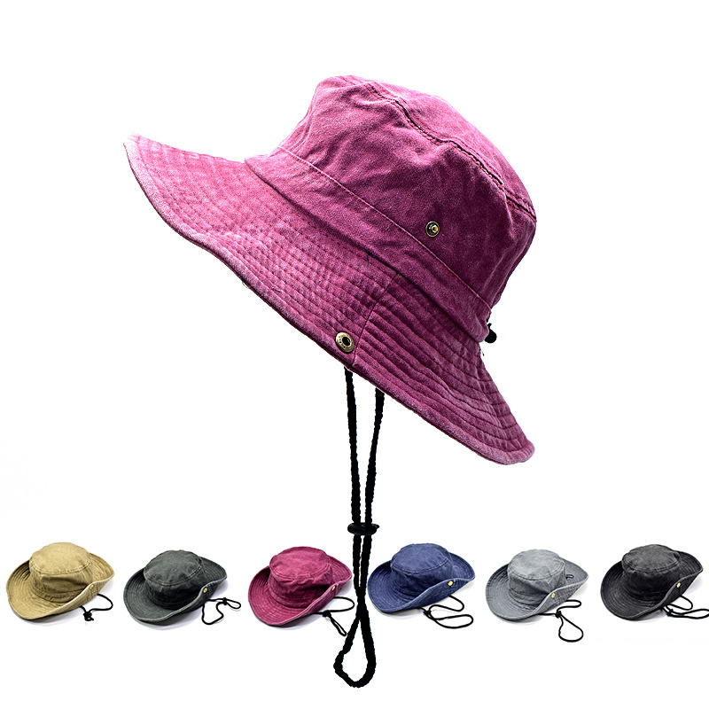 Unisex Washed Cotton Bucket Hat Sun Protection Wide Brim Outdoor Fishing Hat