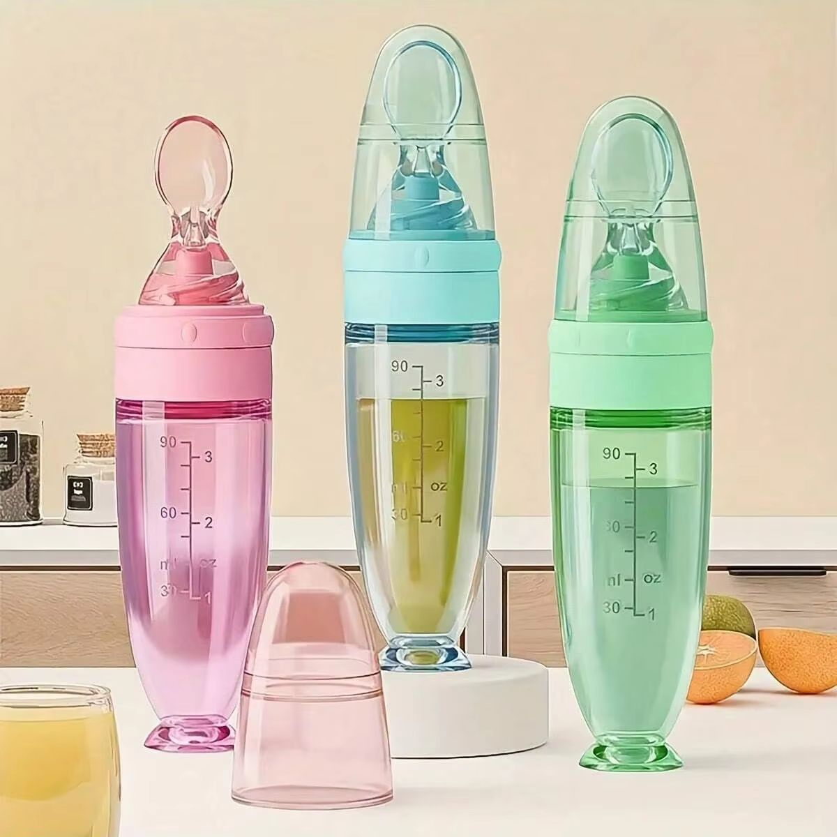 90m/3oz Portable Colorful Silicone Baby Feeder Bottle with Soft Spoon, Suction Cup & Dust Cap