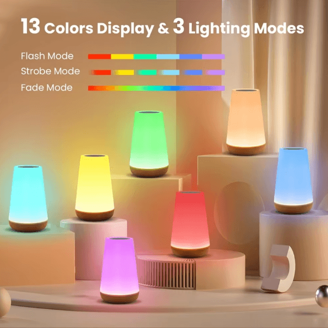 USB Rechargeable RGB Touch Lamp – 13 Color Changing Bedside Night Light with Dimmable Control