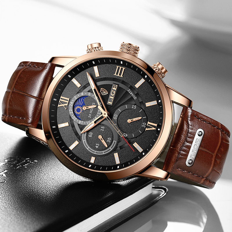 LIGE Luxury Men's Leather Watch Waterproof Quartz Sport Timepiece
