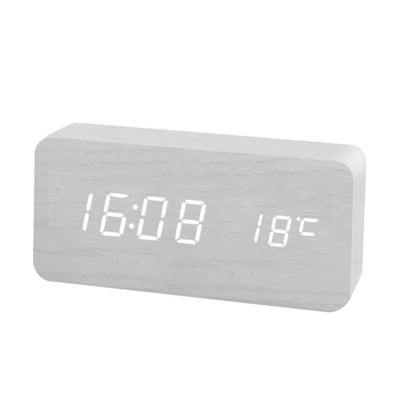 Wood Digital Alarm Clock with LED Temperature Display