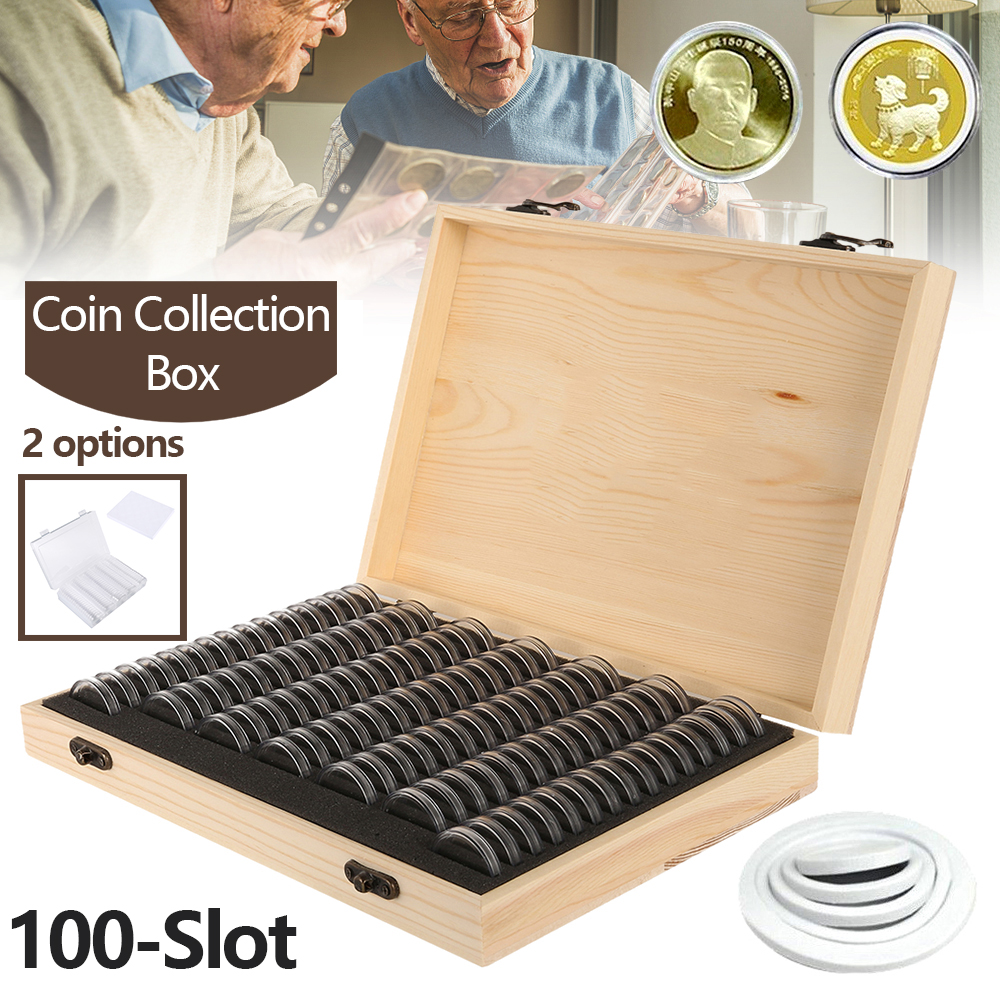 Clear Coin Capsule, Universal Coin Storage Box with Adjustment Pad, Adjustable Wooden Commemorative Coin Medal Container