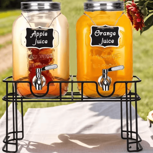Elegant Glass Drink Dispenser Set 1 Gallon Beverage Dispenser with Stand & Steel Faucet 2 Pack