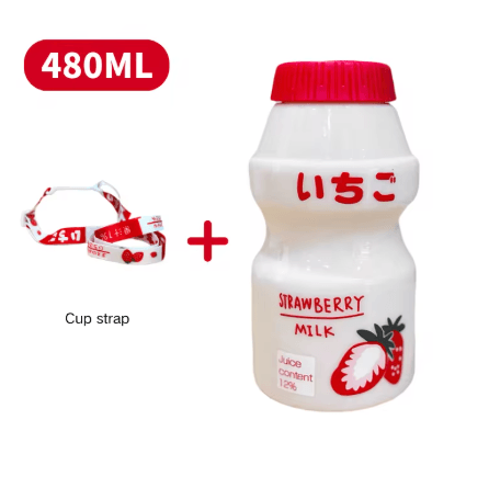 480ml Kawaii Milk Carton Water Bottle Cute Plastic Drinking Bottle with Cup and Strap
