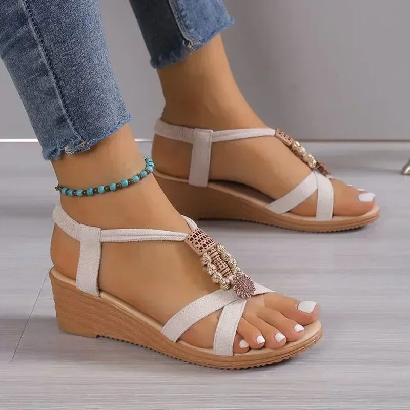 Round Toe Wedge Heel Sandals with Metal Accent for Casual Comfort