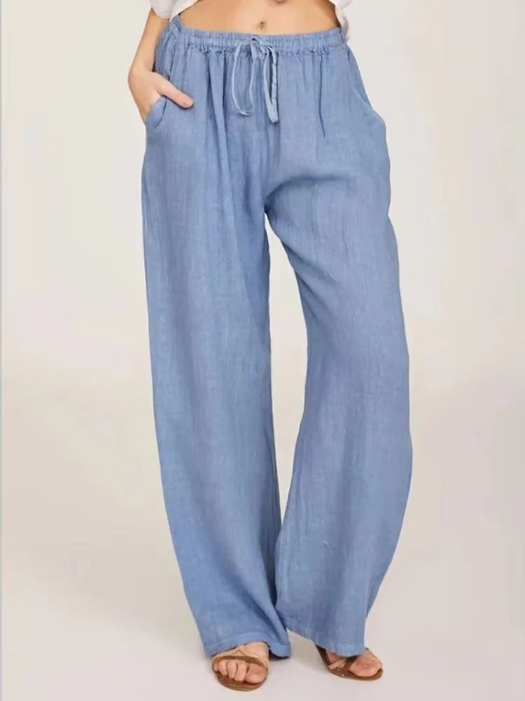 Womens Cotton Linen Wide Leg Pants – Casual Loose Trousers with Elastic Waist & Pockets