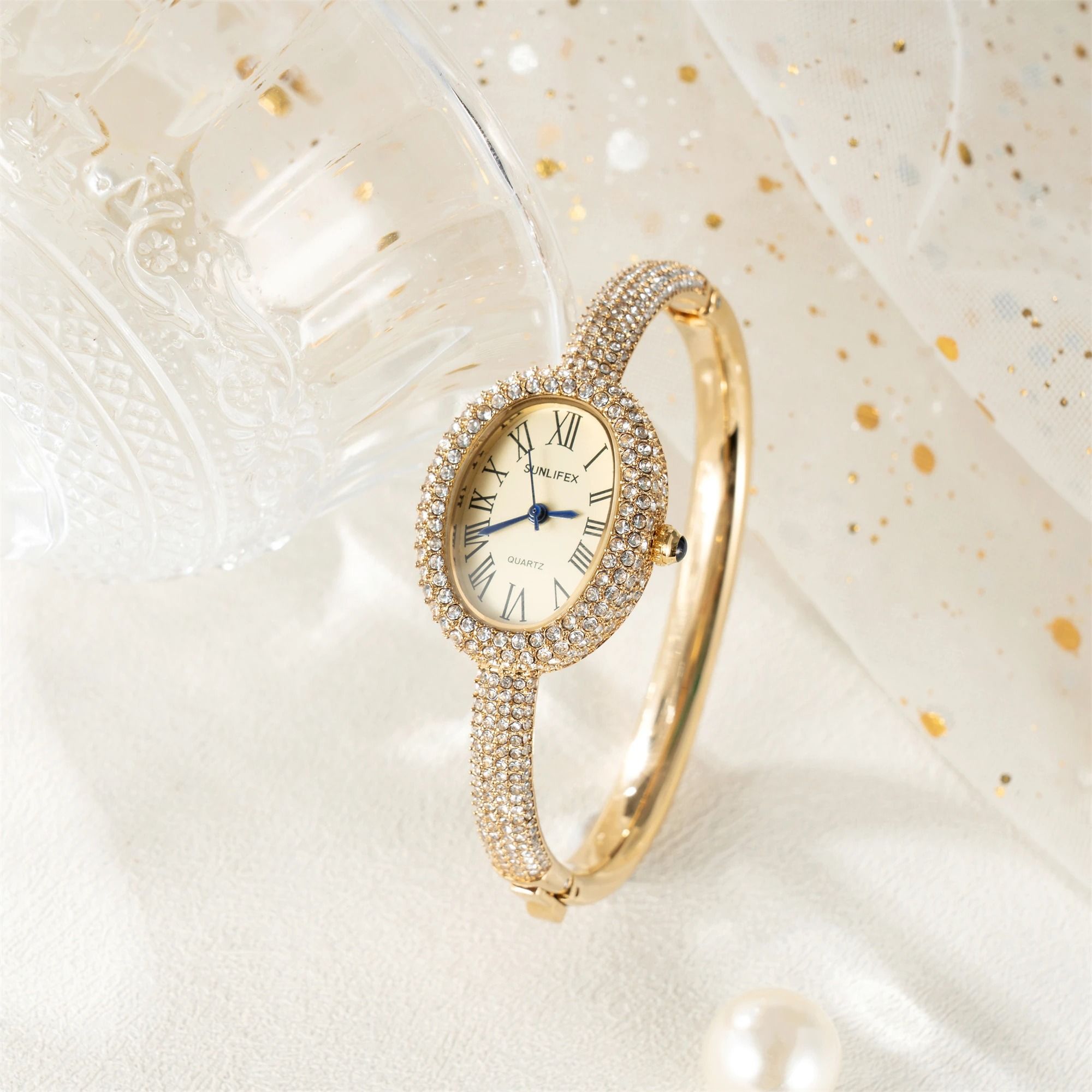 Elegant Oval Rhinestone Bracelet Watch – Luxury Roman Numeral Waterproof Quartz Timepiece for Women