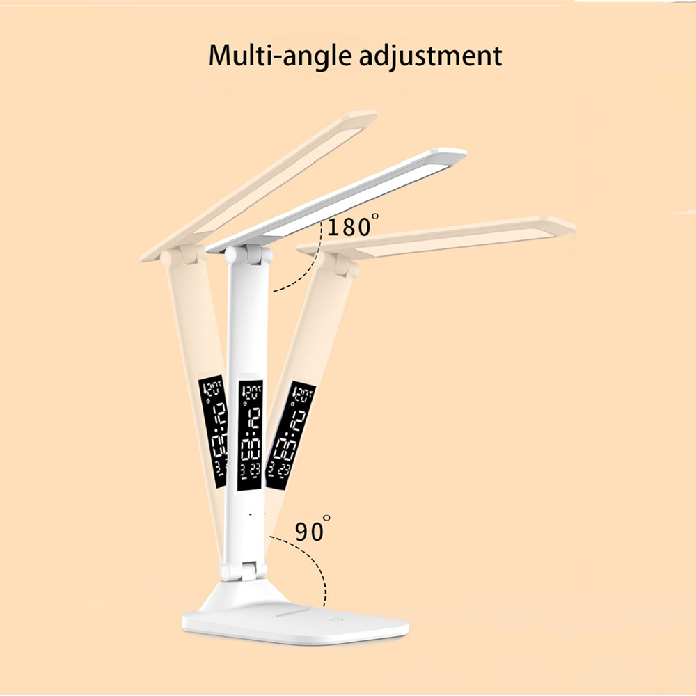 USB Folding Table Lamp, Dimmable LED Desk Lamp, Touch Control with Alarm Clock and Thermometer, Eye Protection Night