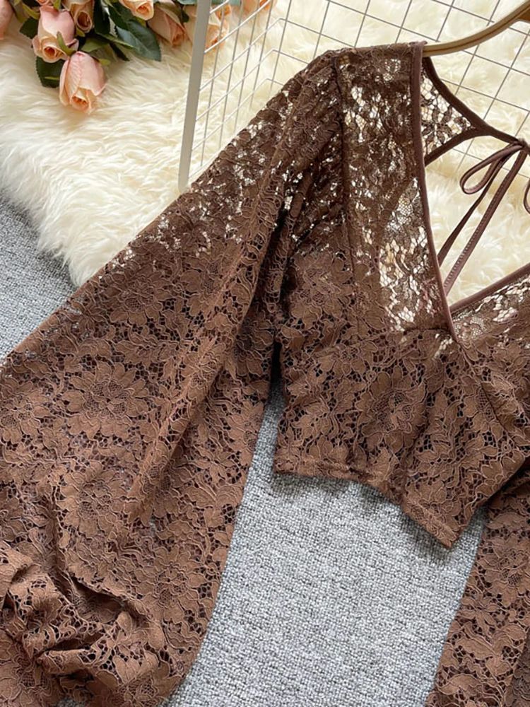 Women's Lace Open Back Blouse – V-Neck Puff Sleeve Cropped Party Top