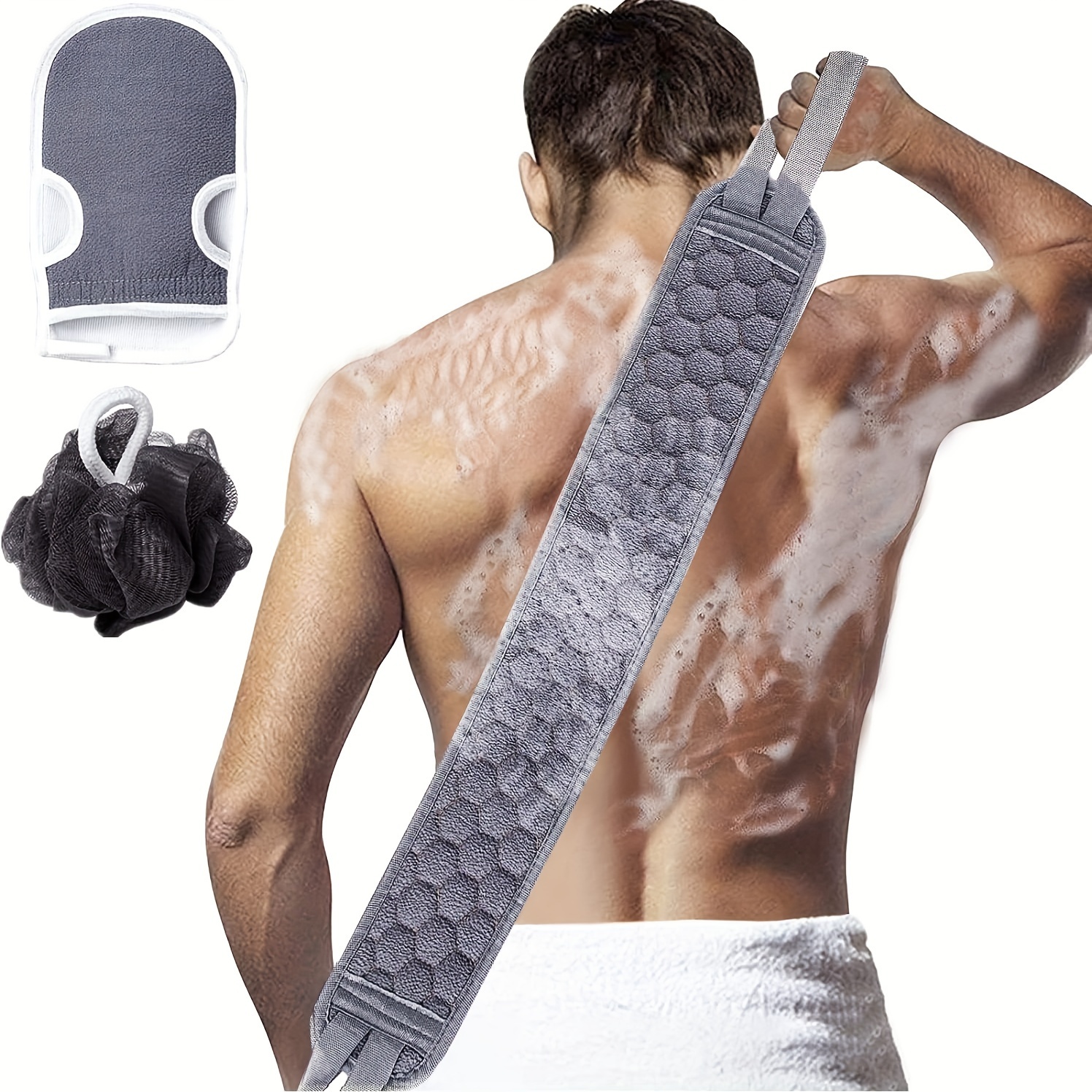 Exfoliating Body Scrubber Set with Back Scrubber, Bath Glove and Shower Loofah