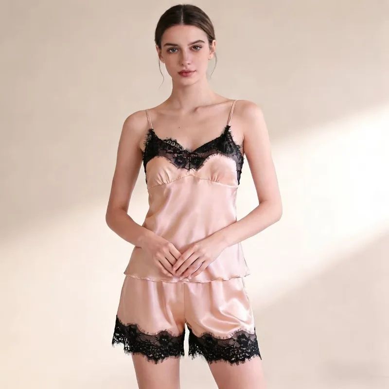 Womens V-Neck Lace Pajama Shorts Sleepwear Set