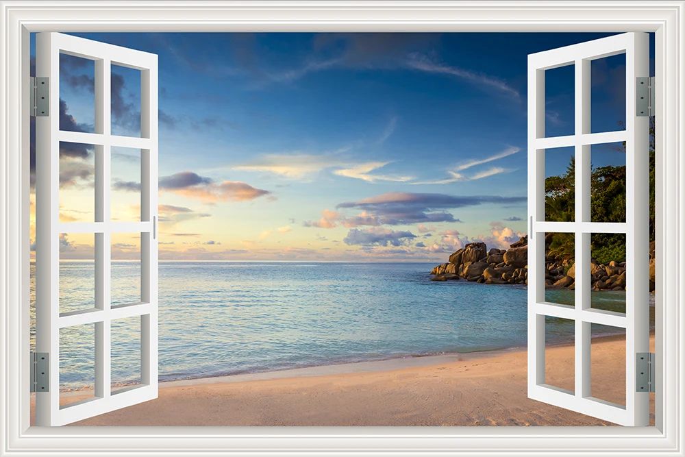 3D Beach Window View Wall Sticker – Ocean Sky Landscape Peel & Stick PVC Wallpaper