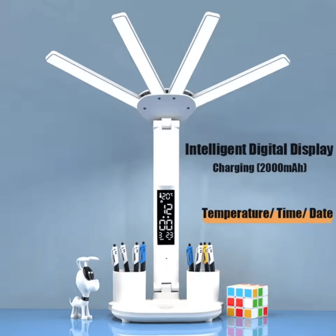 Multifunction LED Desk Lamp with Fan Clock and USB Charging Folding Table Light