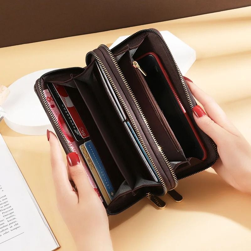 Womens Long Double Zipper Wallet With Phone Card And Wristlet Design