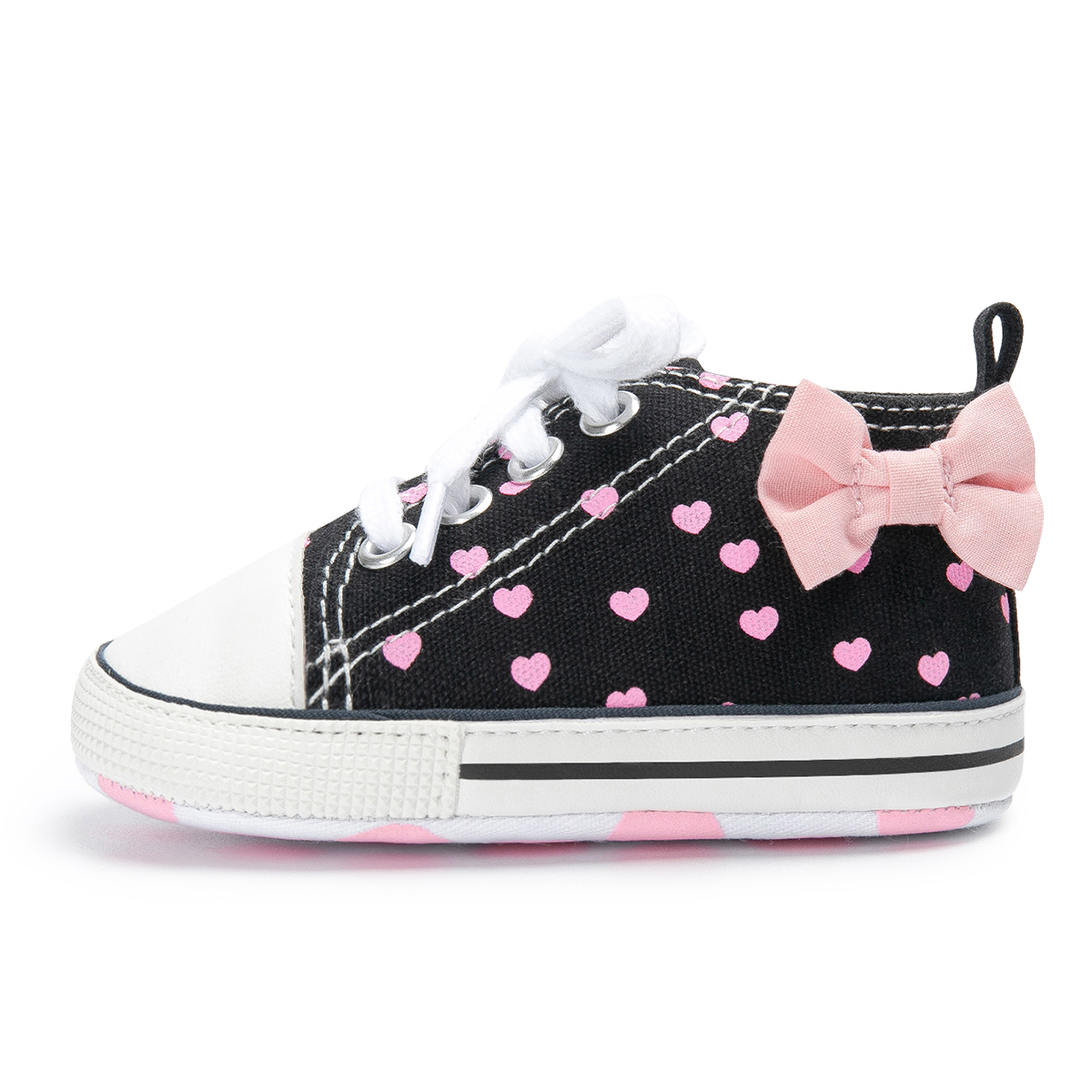 Fashion Bowknot Heart Print Newborn Baby Girls Shoes, Classic Canvas High Tops Sneakers with Soft Anti-Slip Sole