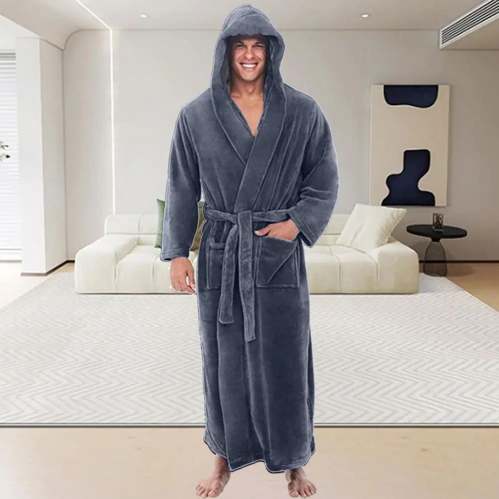 Men's Hooded Flannel Bathrobe Soft Plush Long Lounge Robe Thick Warm Home Sleepwear