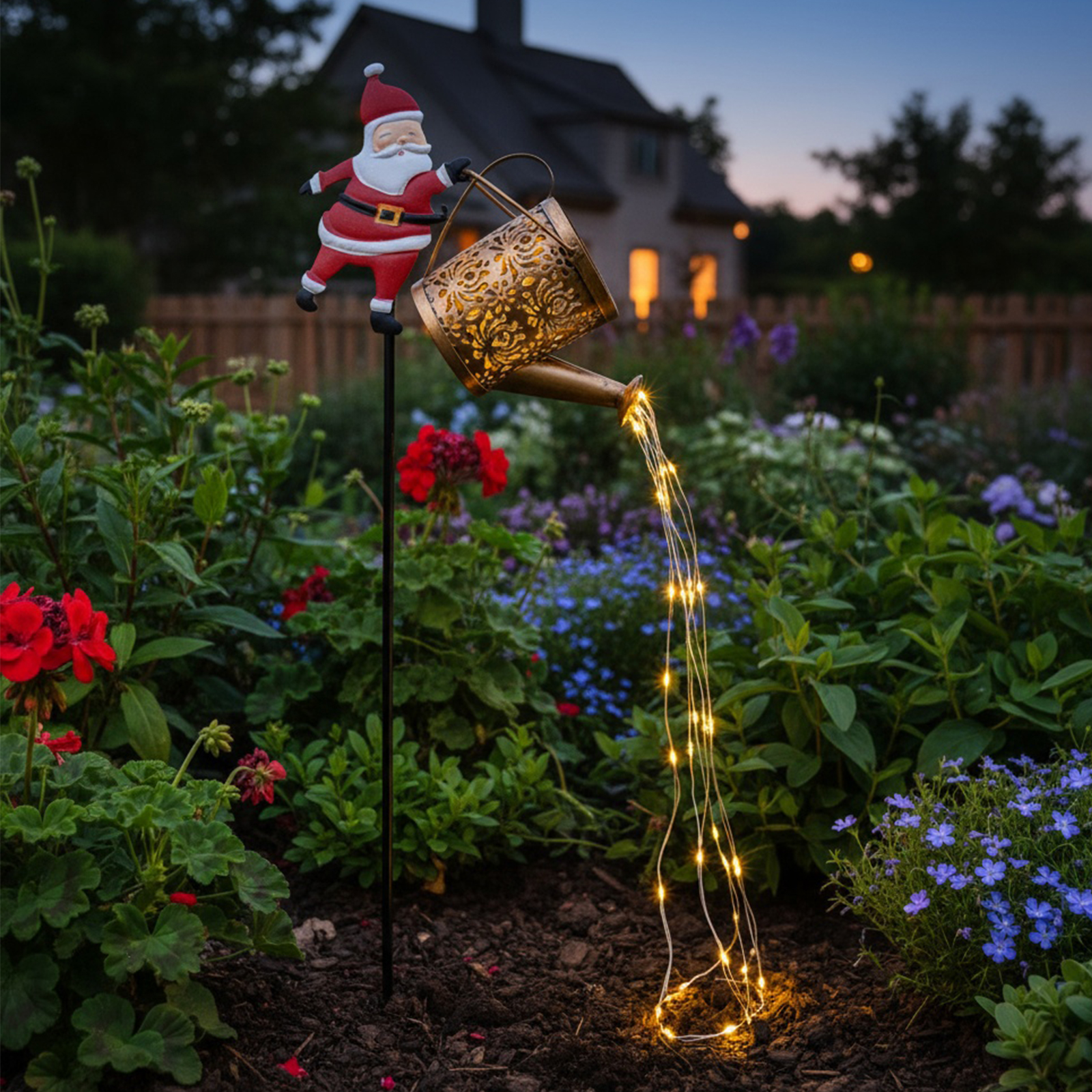 Outdoor Solar Lanterns Watering Can Lamp, Christmas Santa Solar Kettle String Light
