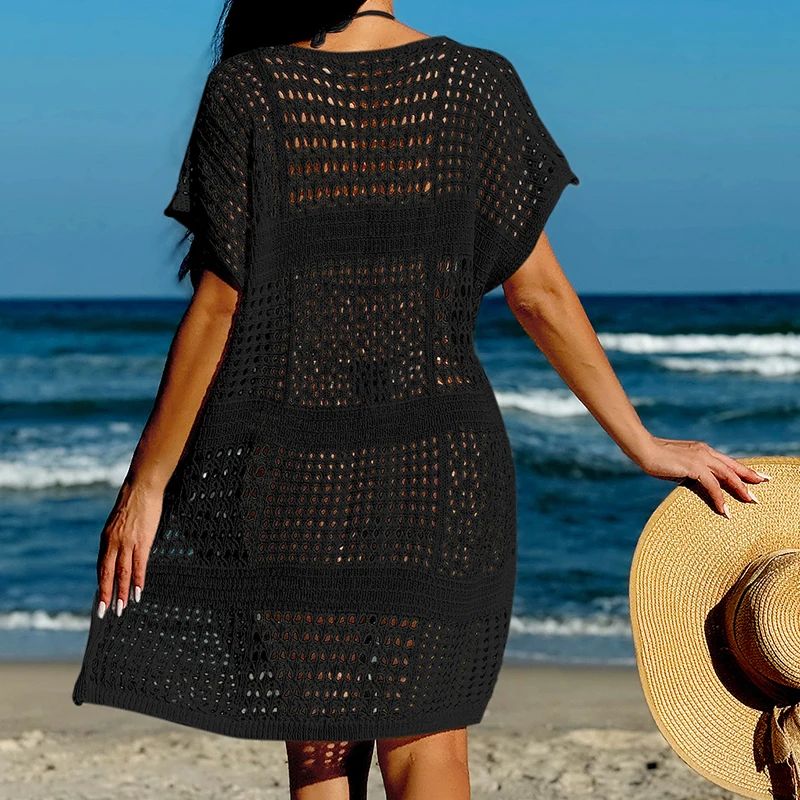 Breezy Knit V-Neck Beach Cover Up Dress, Hollow-Out Crochet Bikini Coverup