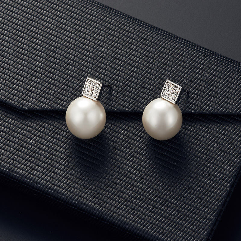 Elegant Imitation Pearl Pendant Women Necklace & Earring Stud Set, Snake Chain Square Metal Frame & Full Crystal Jewelry