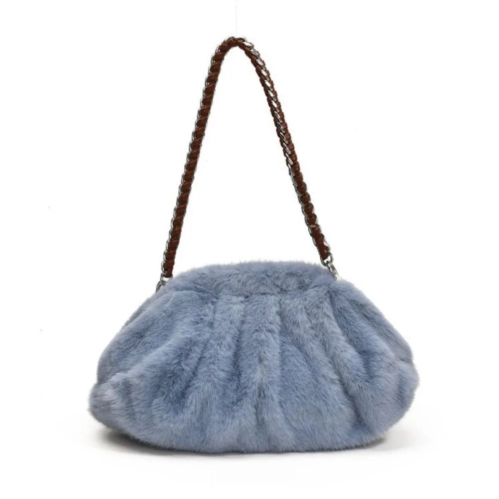 Trendy Soft Faux Fur Pleated Hobo Bag