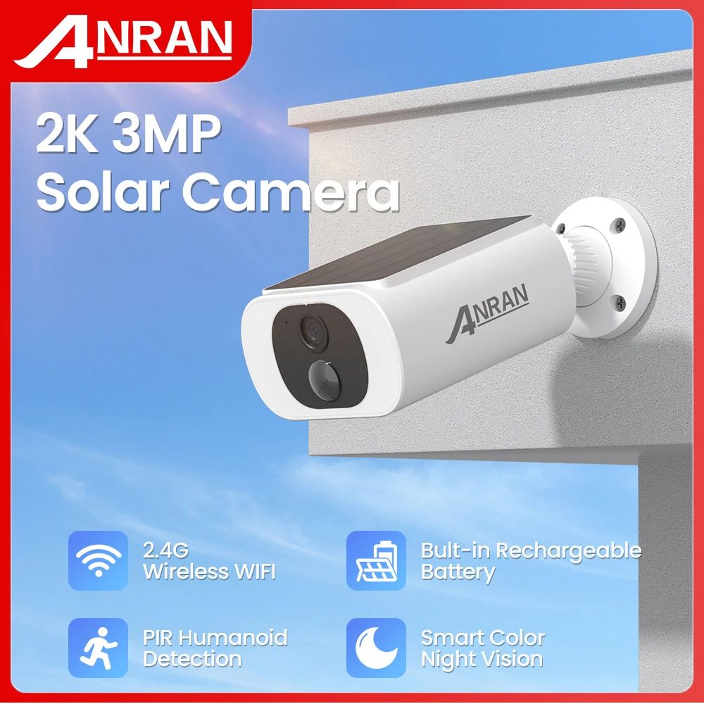ANRAN Outdoor Solar Security Camera 3MP HD Wireless 2.4G WiFi Camera with Battery, Cloud Storage Color Night Vision