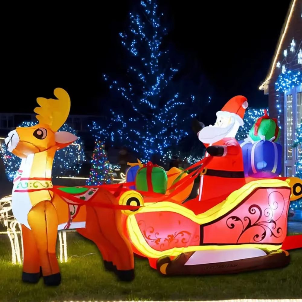 82.68in Christmas Inflatable Santa Sleigh with Reindeer LED Outdoor Holiday Decoration