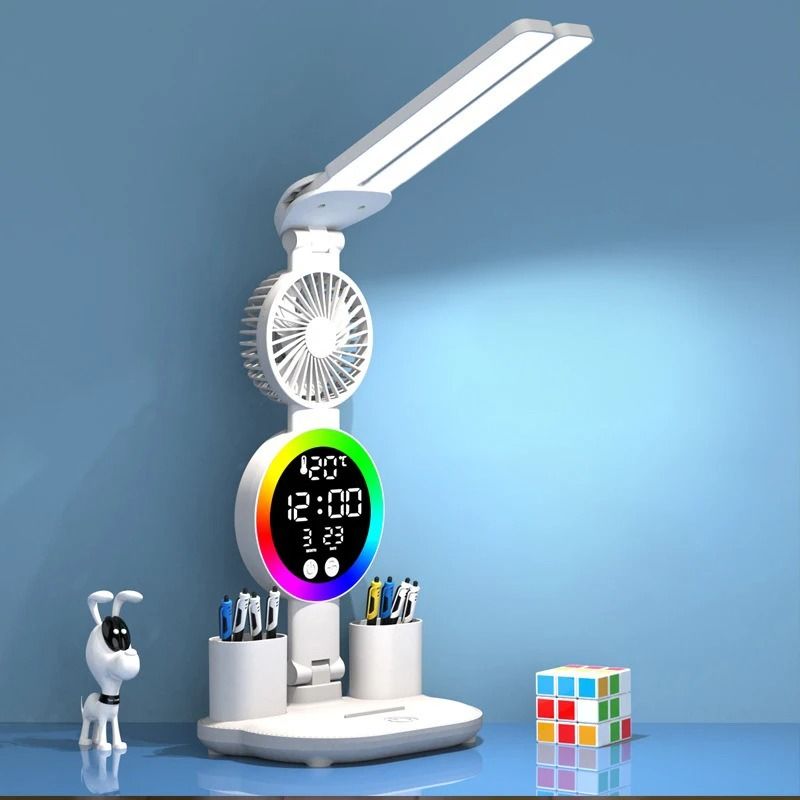 Rechargeable LED Table Lamp with Clock Display Fan and Night Light for Desk and Reading