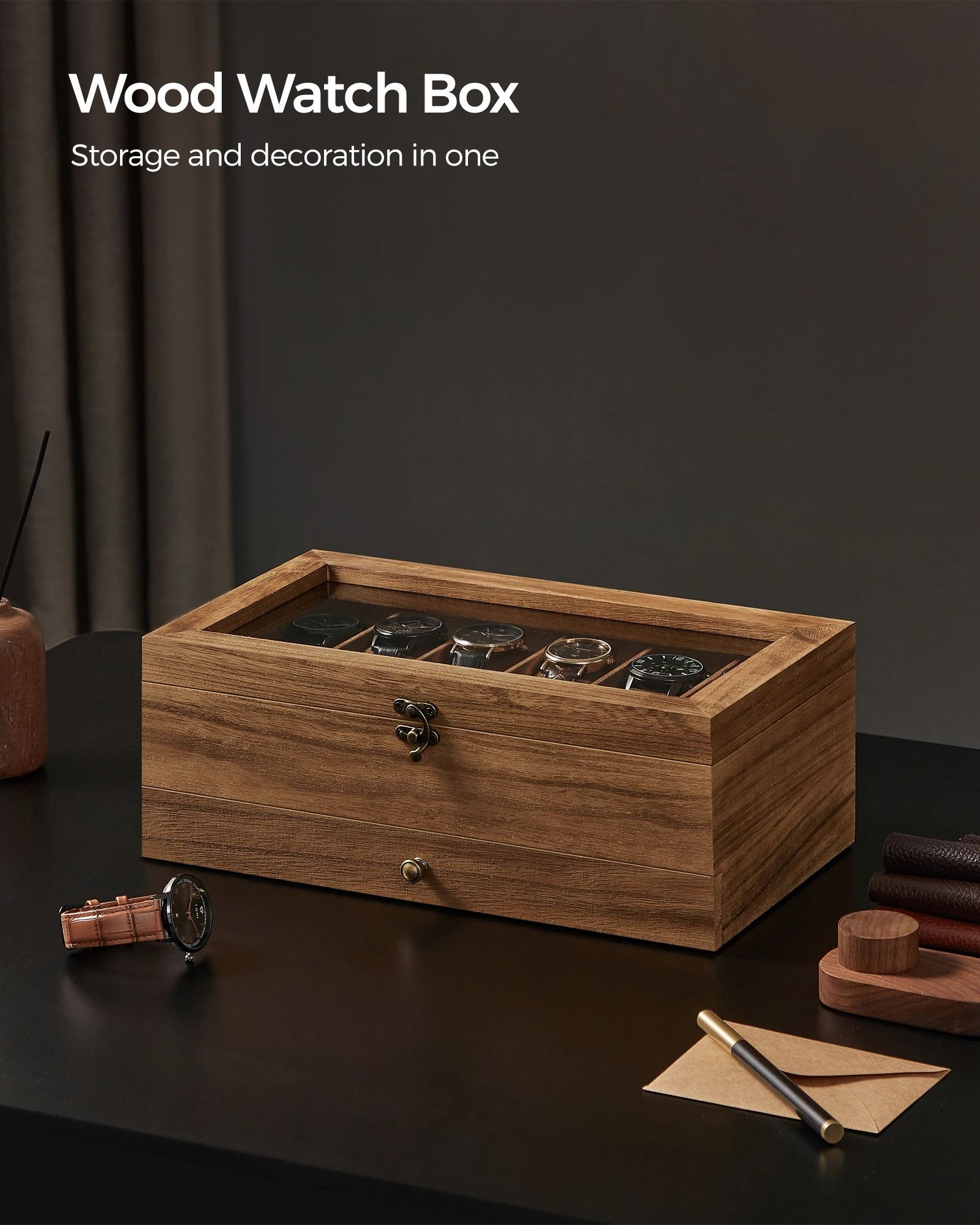Two Tier Watch Box with Glass Lid Velvet Lining and Removable Pillows
