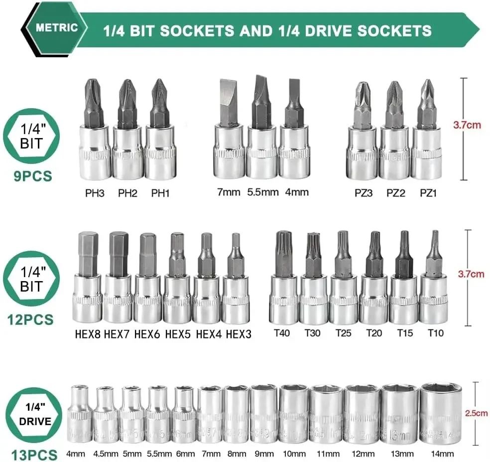 46 Piece Socket Ratchet Wrench Set With Bit Sockets and Extension Bar