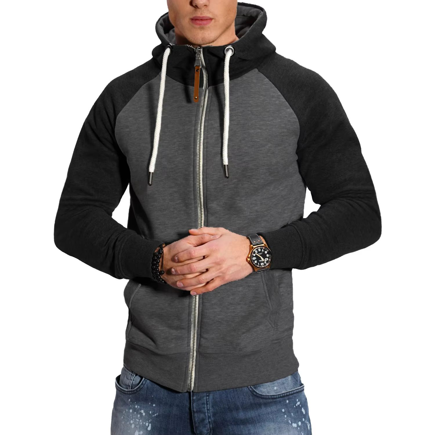 Men's High Neck Zipper Hoodie Long Sleeve Pullover Sweatshirt Jacket