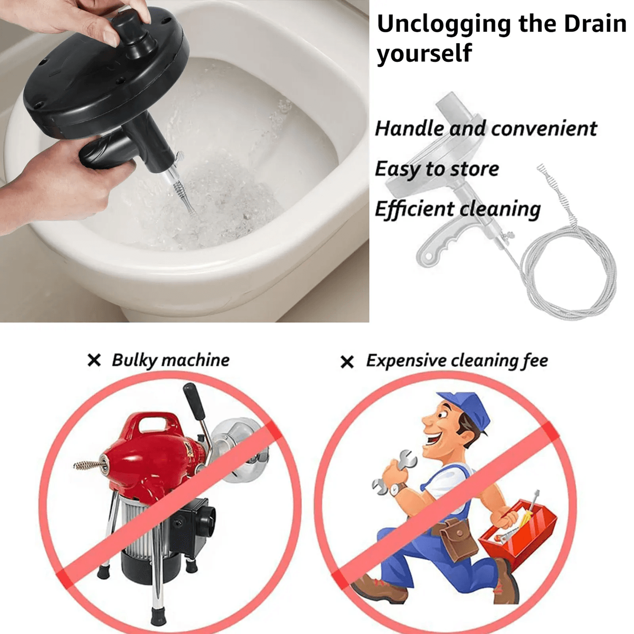 Manual Drain Snake Auger Pipe Cleaning Tool with Non Slip Handle