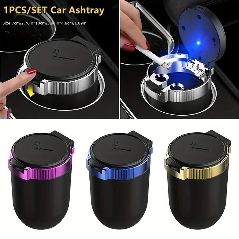 LED Car Ashtray with Lid Smokeless Stainless Steel Portable Auto Ash Tray