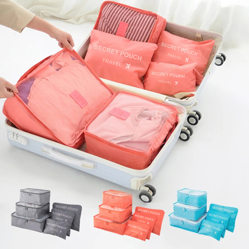 Waterproof Luggage Clothing Bag With Zipper, 6 Pcs Set Travel Storage Bag, Large Capacity Pink Blue Grey Organizer