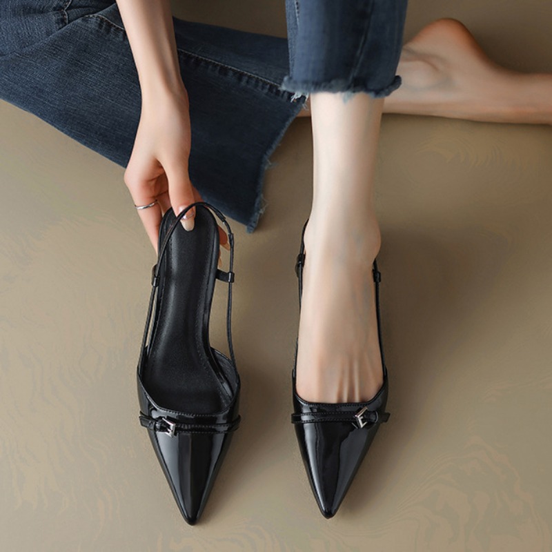 Summer Women Dress Shoes, Patent Leather Slip On Pointed Toe Sandals, Buckle Sling Backs Mid Heels Pumps