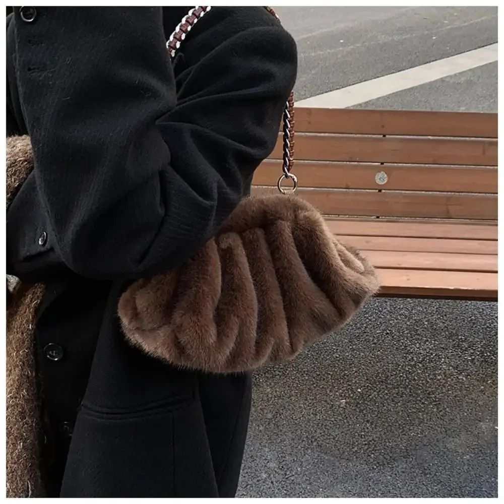 Trendy Soft Faux Fur Pleated Hobo Bag