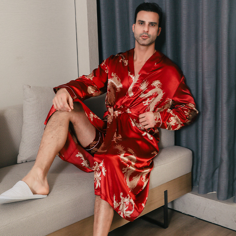 Silk Men's Pajama Oversized Long Sleeved Bathrobe Ice Silk Spring Autumn Home Clothing for Summer