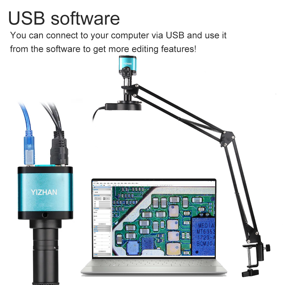 Electronics Soldering Microscope Camera, Adjustable Stand & Software for Precision PCB Inspection