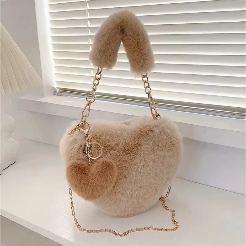 Faux Fur Heart Bag Small Chain Shoulder Purse, Plush Crossbody Clutch