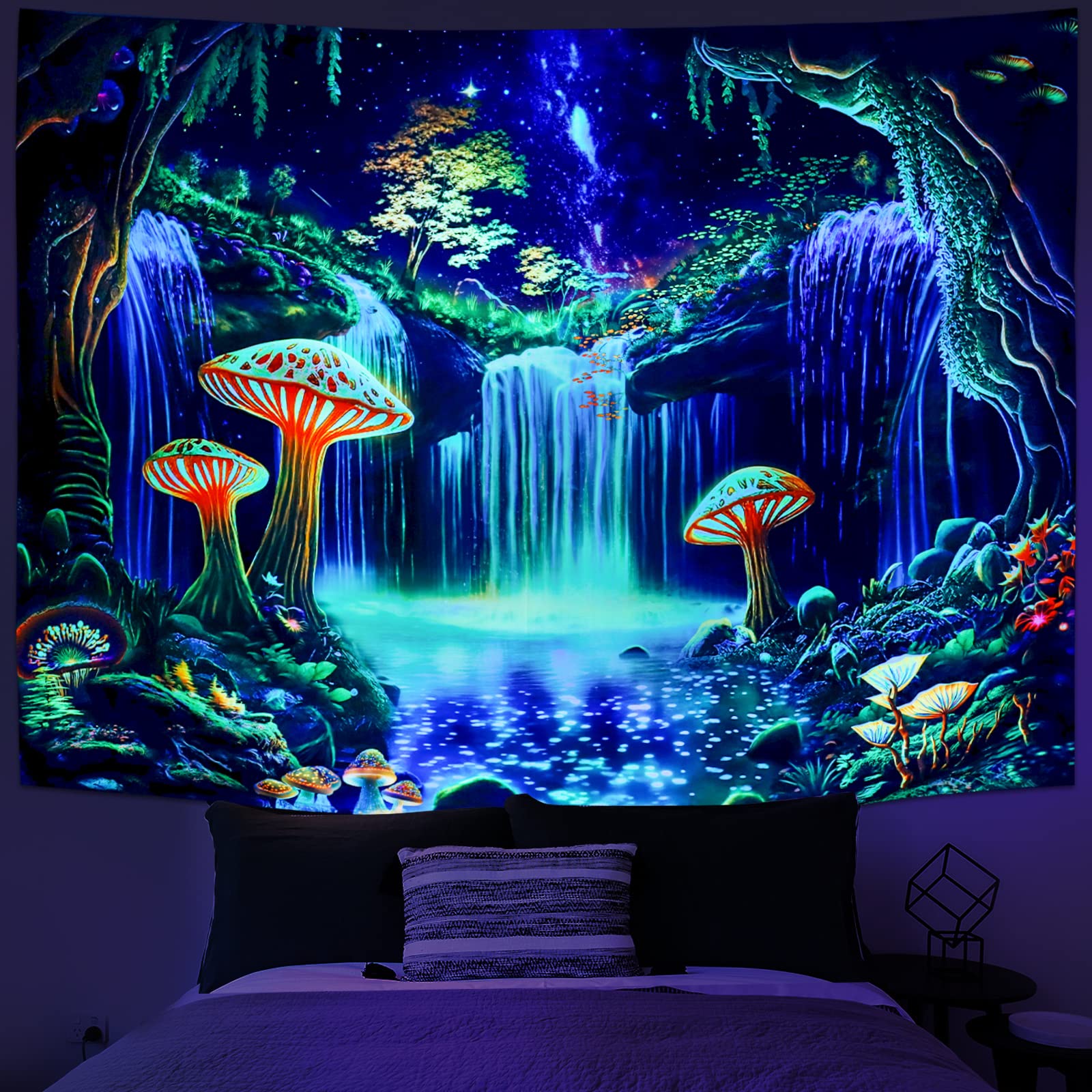 Psychedelic Forest Waterfall Tapestry Cyberpunk Wall Decor for Gaming Room