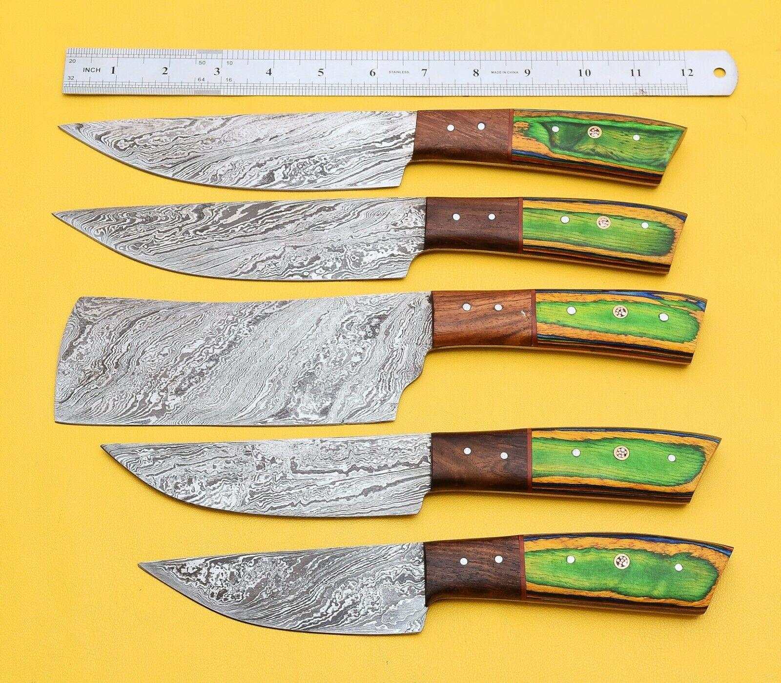 Hand-Forged Damascus Chef Knives Set | 512 Layers Steel & Leather Sheath