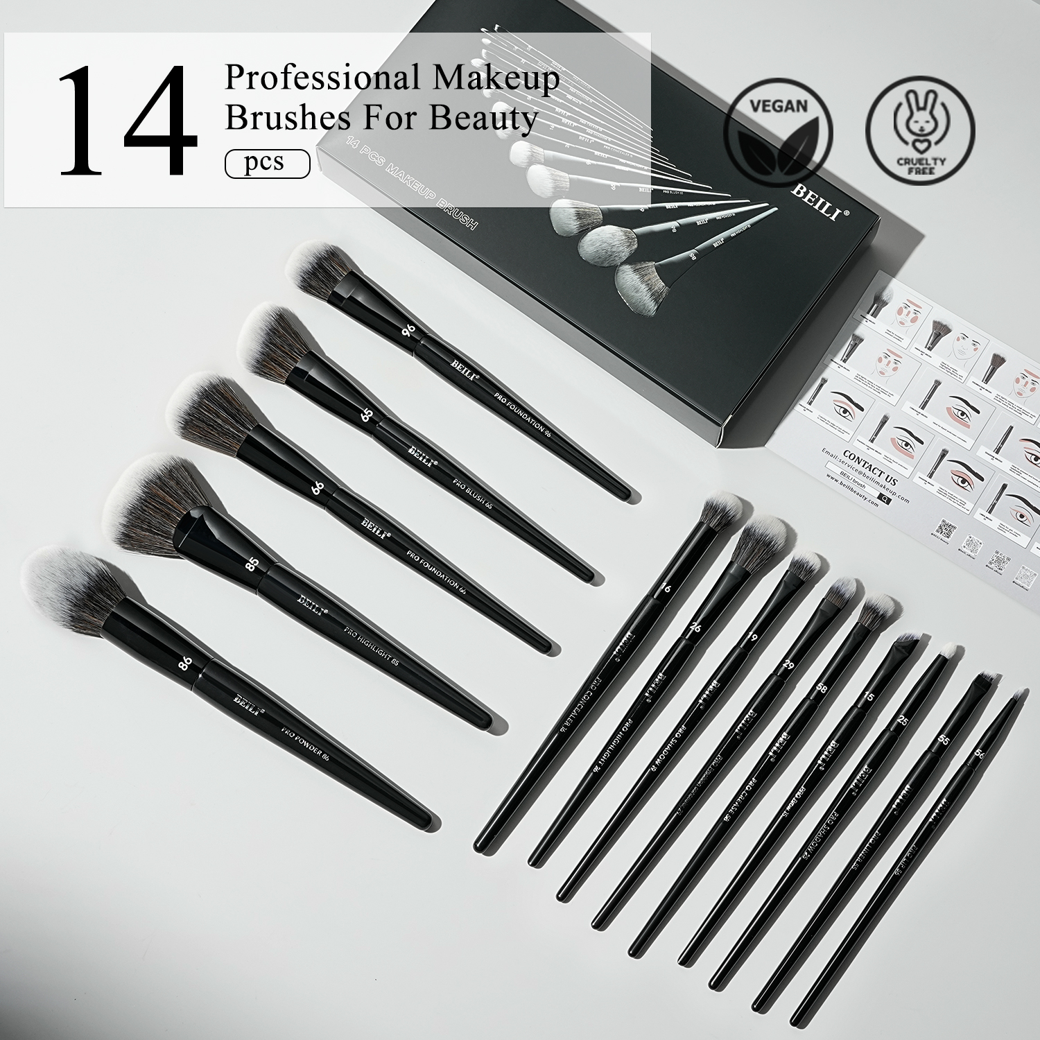 Black Makeup Brush Set Vegan Pro, Powder Foundation Eyeshadow Blush Highlighter, Concealer Eyebrow Brushes Kit