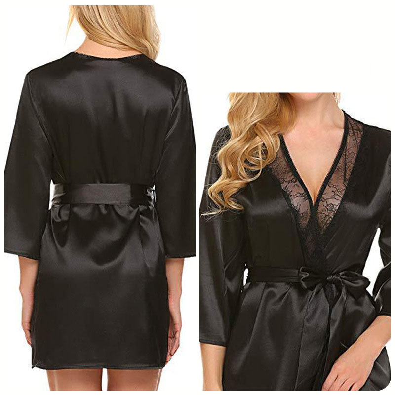 Women Sexy Lace Satin Robe, Black Plus Size Sleepwear Nighty, Soft Comfortable Short Nightgown Bathrobe Lingerie Dress