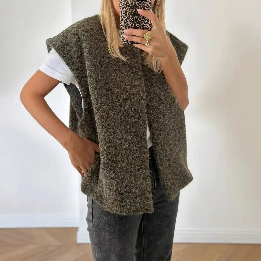 Dongdaemun Elegant Double-Sided Wool Vest – Korean V-Neck Hand-Sewn Women's Outerwear Jacket
