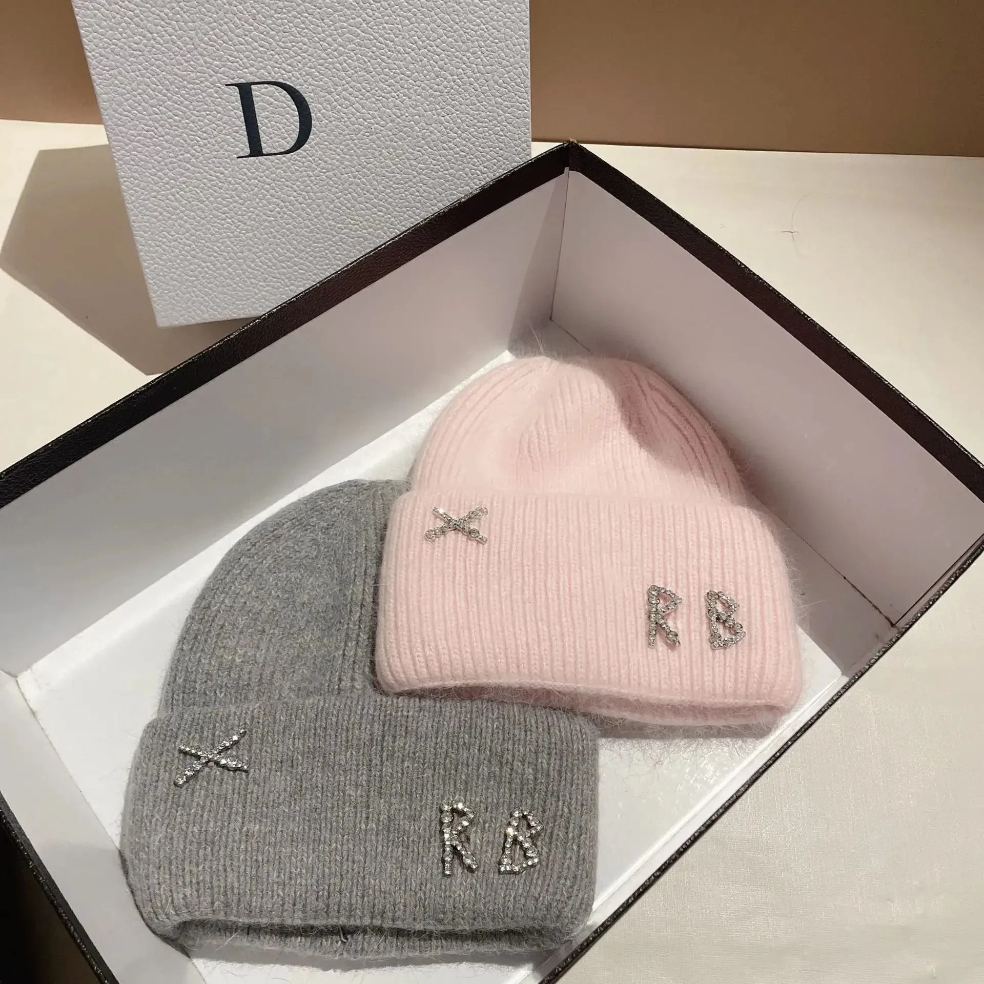 Diamond-Embellished Rabbit Fur Blend Thermal Beanie